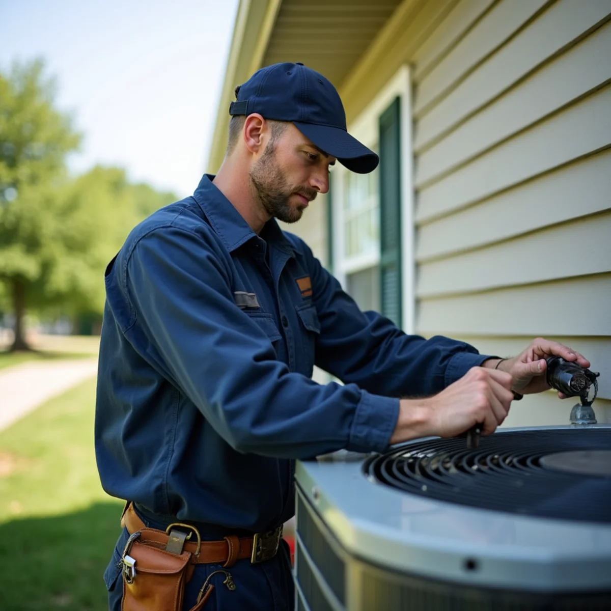 HVAC technician repairing a central air conditioner outside a home in Goodman, MO