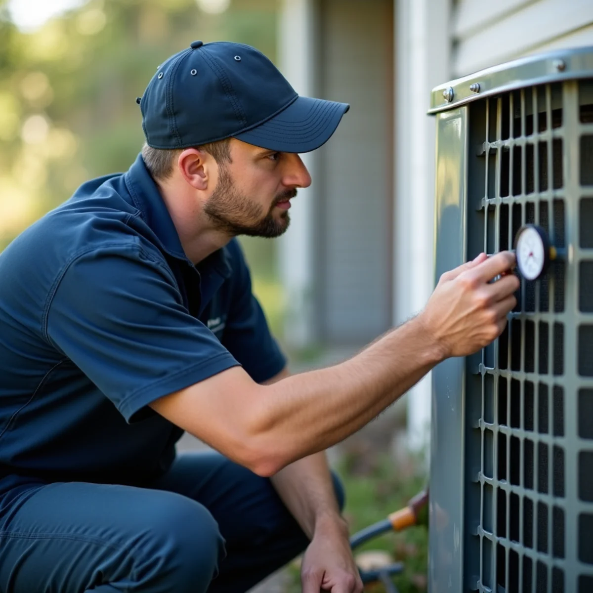 Technician checking refrigerant pressure on an air conditioner in Goodman, MO