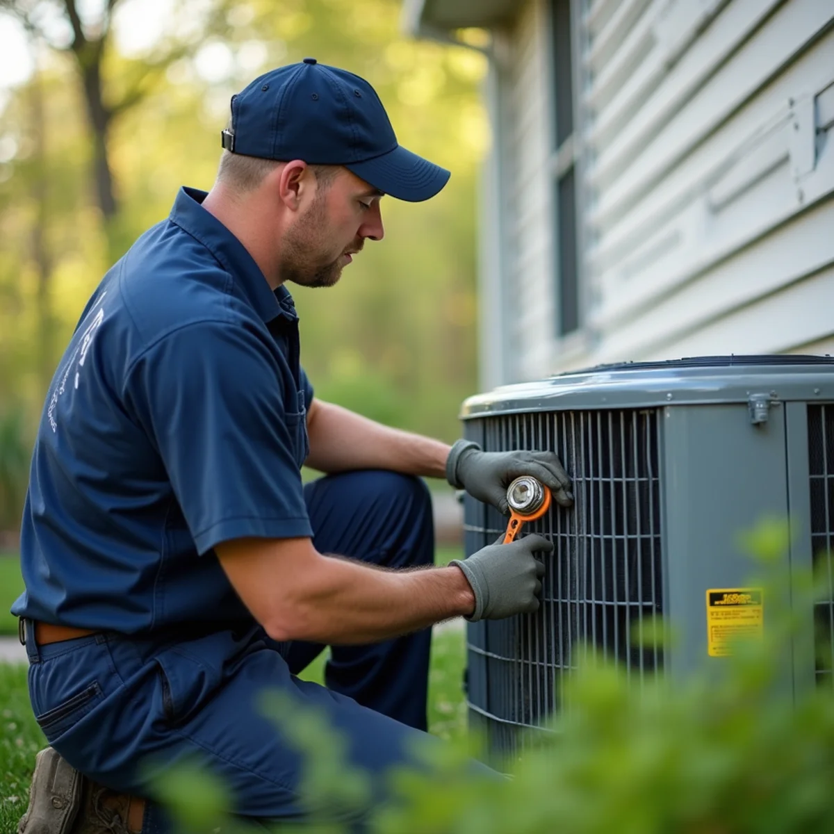 Technician servicing an outdoor air conditioner in spring near Carl Junction, MO