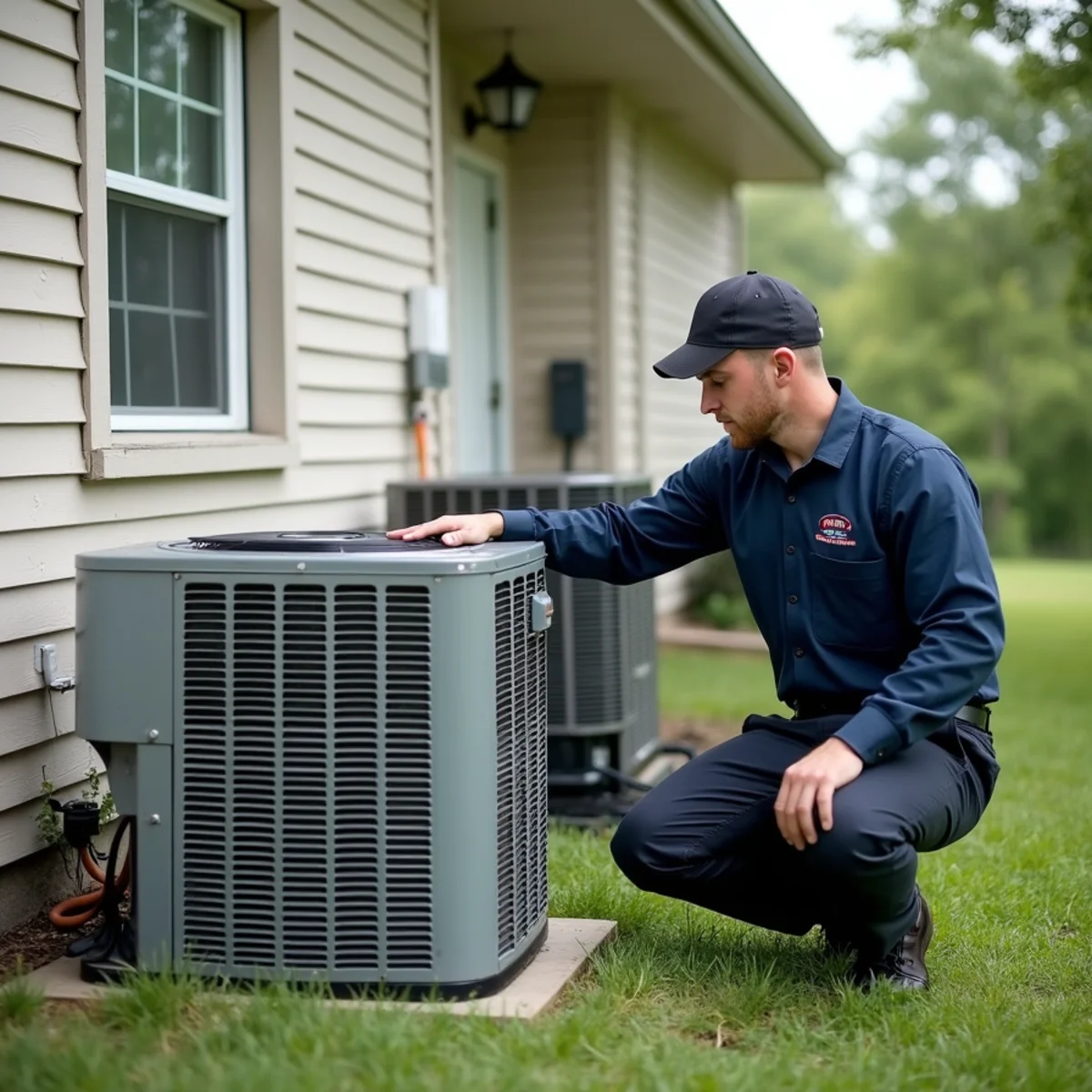 Outdoor air conditioner condenser at a home near Joplin, MO during a summer heat wave