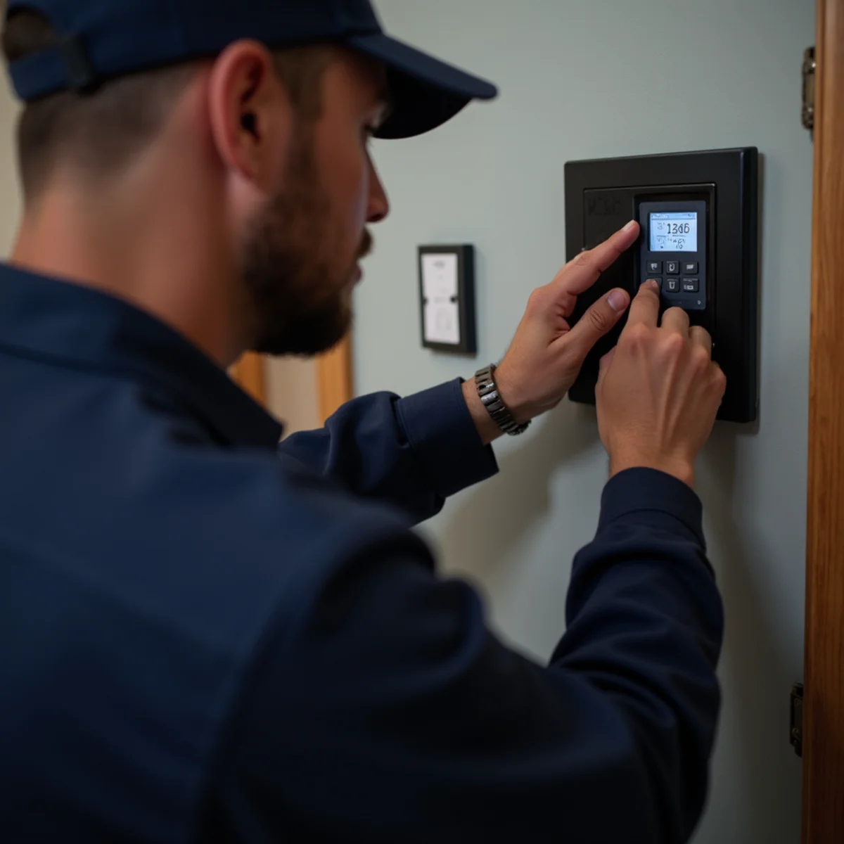 Homeowner checking a thermostat during a no-heat night in Goodman, MO