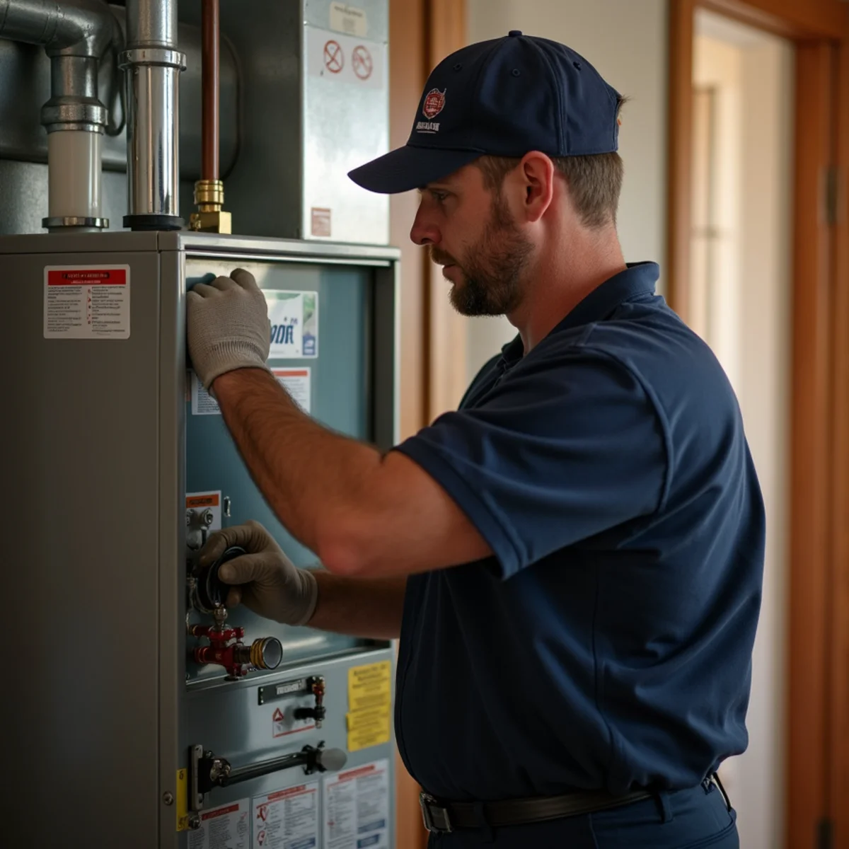 Technician performing a fall furnace tune-up in a Goodman, MO home