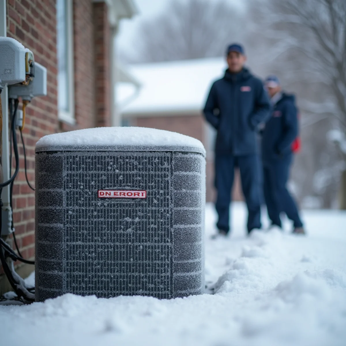Frost-covered outdoor heat pump at a home near Cassville, MO in winter