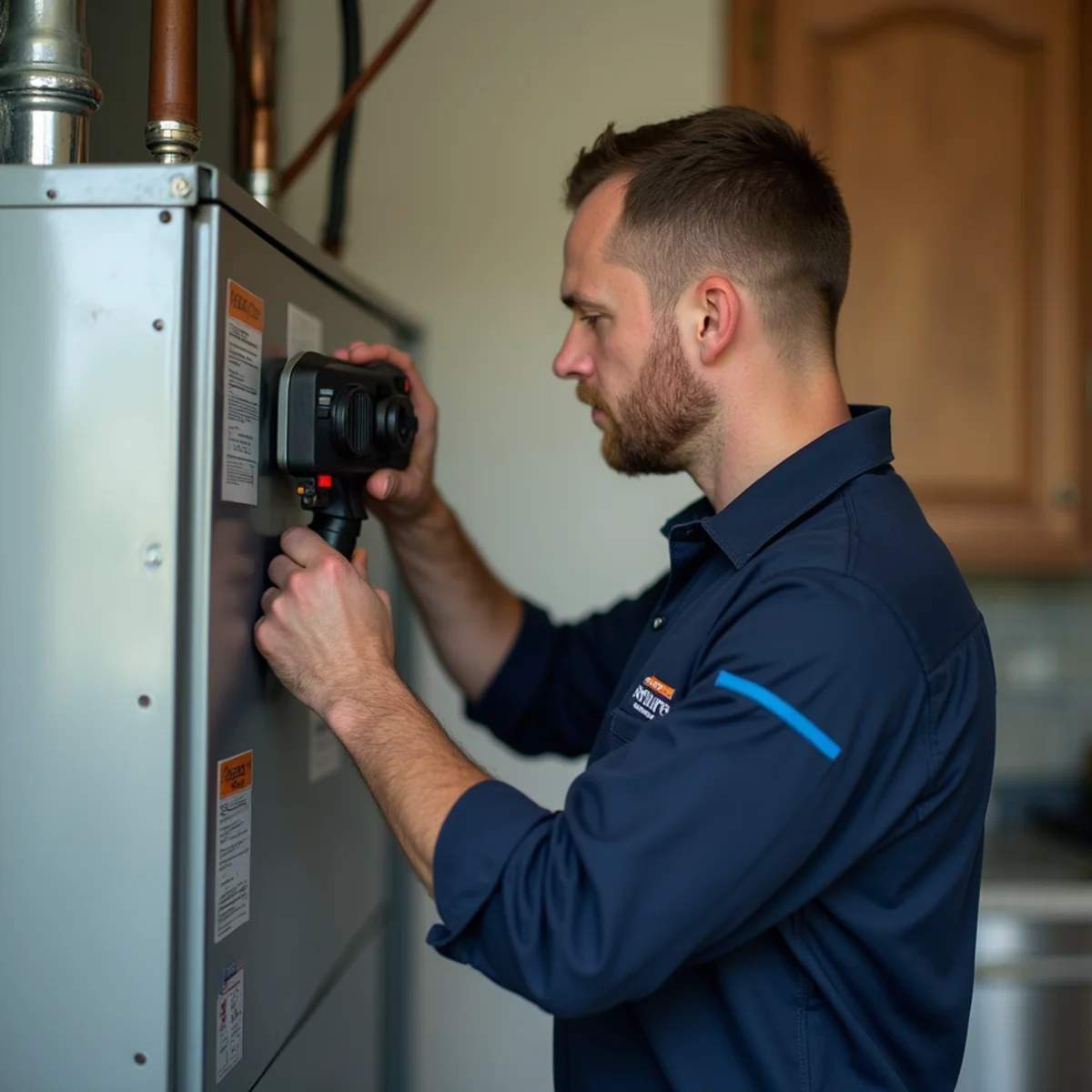 Technician performing a diagnostic HVAC inspection in a home near Anderson, MO
