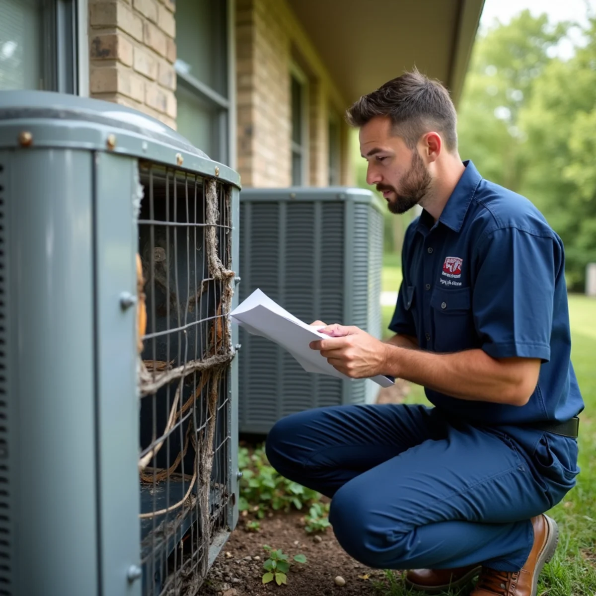 Homeowner documenting hail-damaged air conditioner for an insurance claim in Webb City, MO