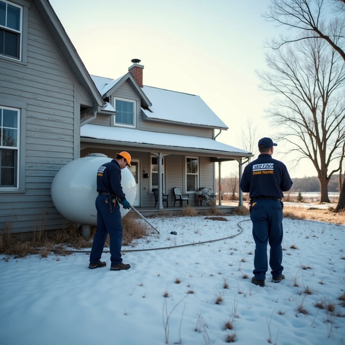 Rural farmhouse with a propane tank near Stella, MO in winter