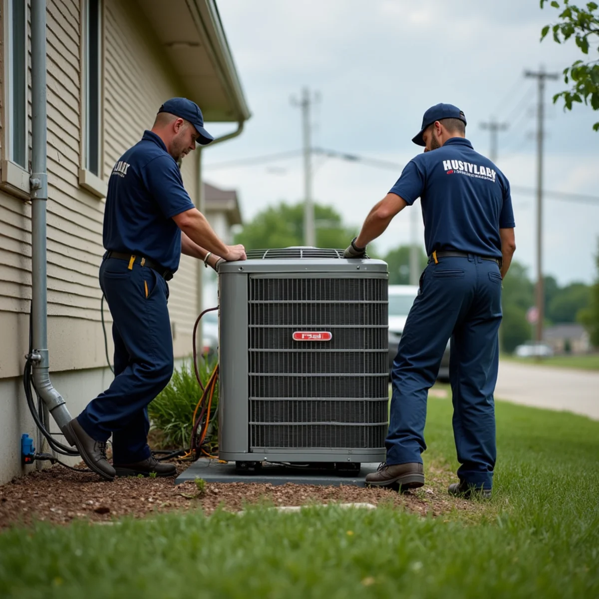 Outdoor HVAC unit secured on a pad at a home near Carthage, MO before a storm