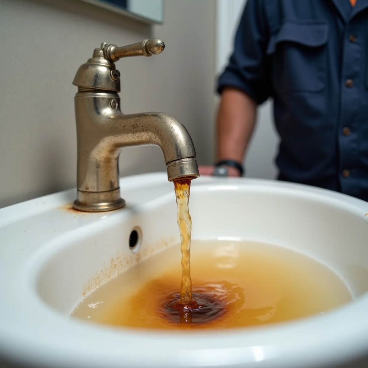 Rusty, discolored hot water running from a faucet in a Missouri home