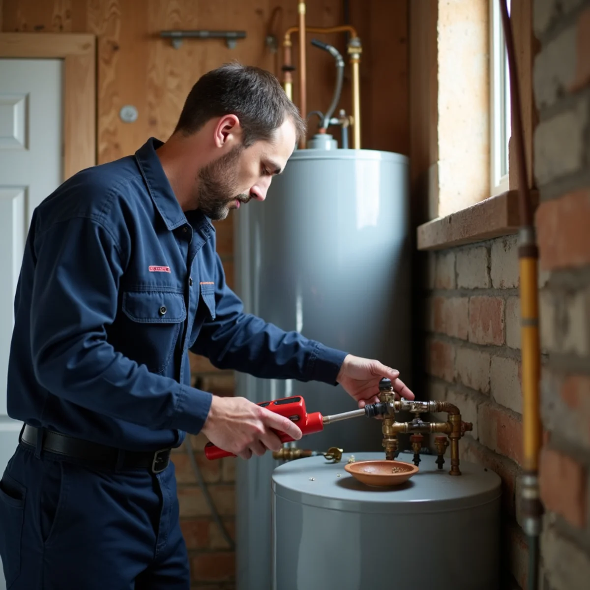 Technician repairing an aging water heater in a Goodman, MO utility room