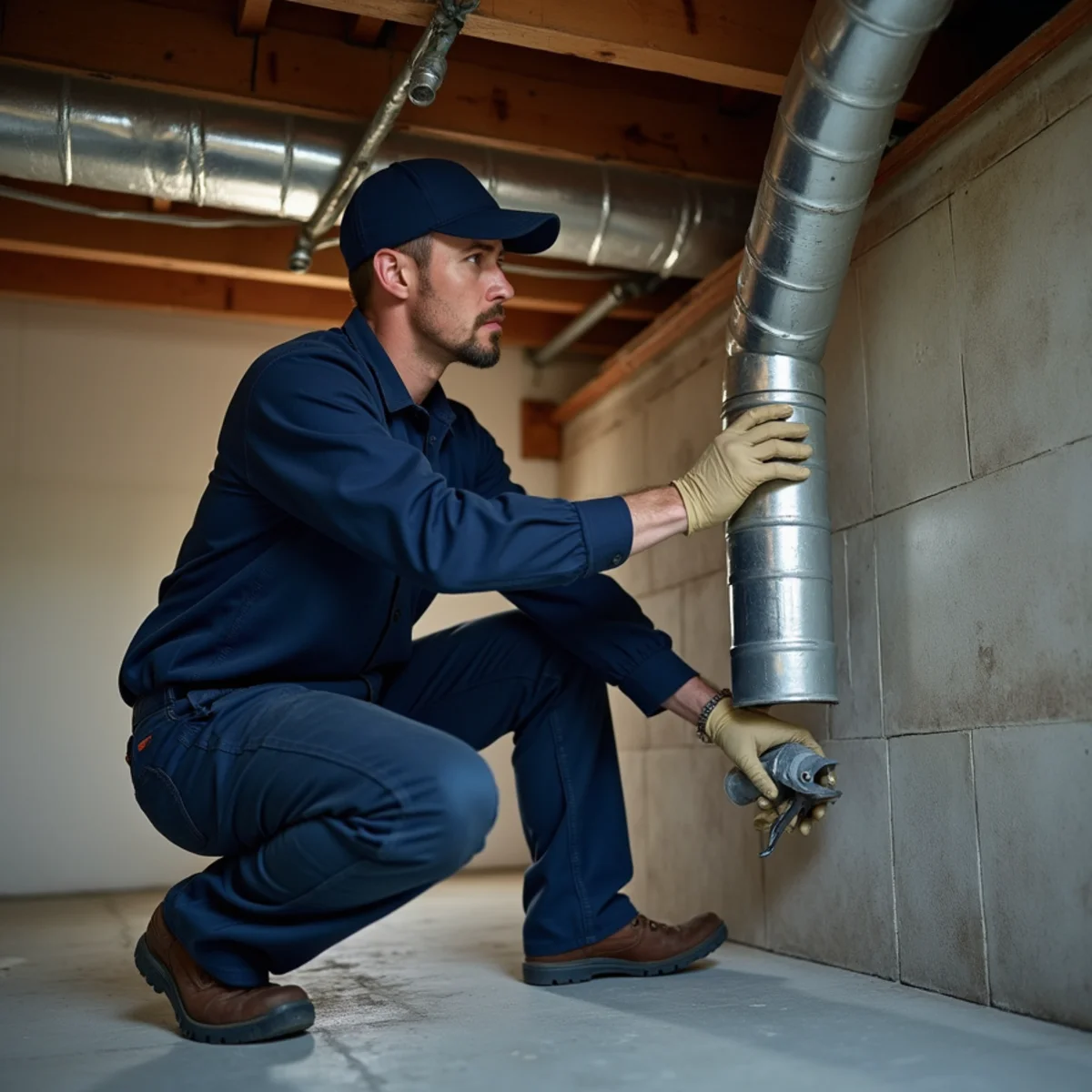 Technician sealing and repairing HVAC ductwork in a Goodman, MO home crawlspace