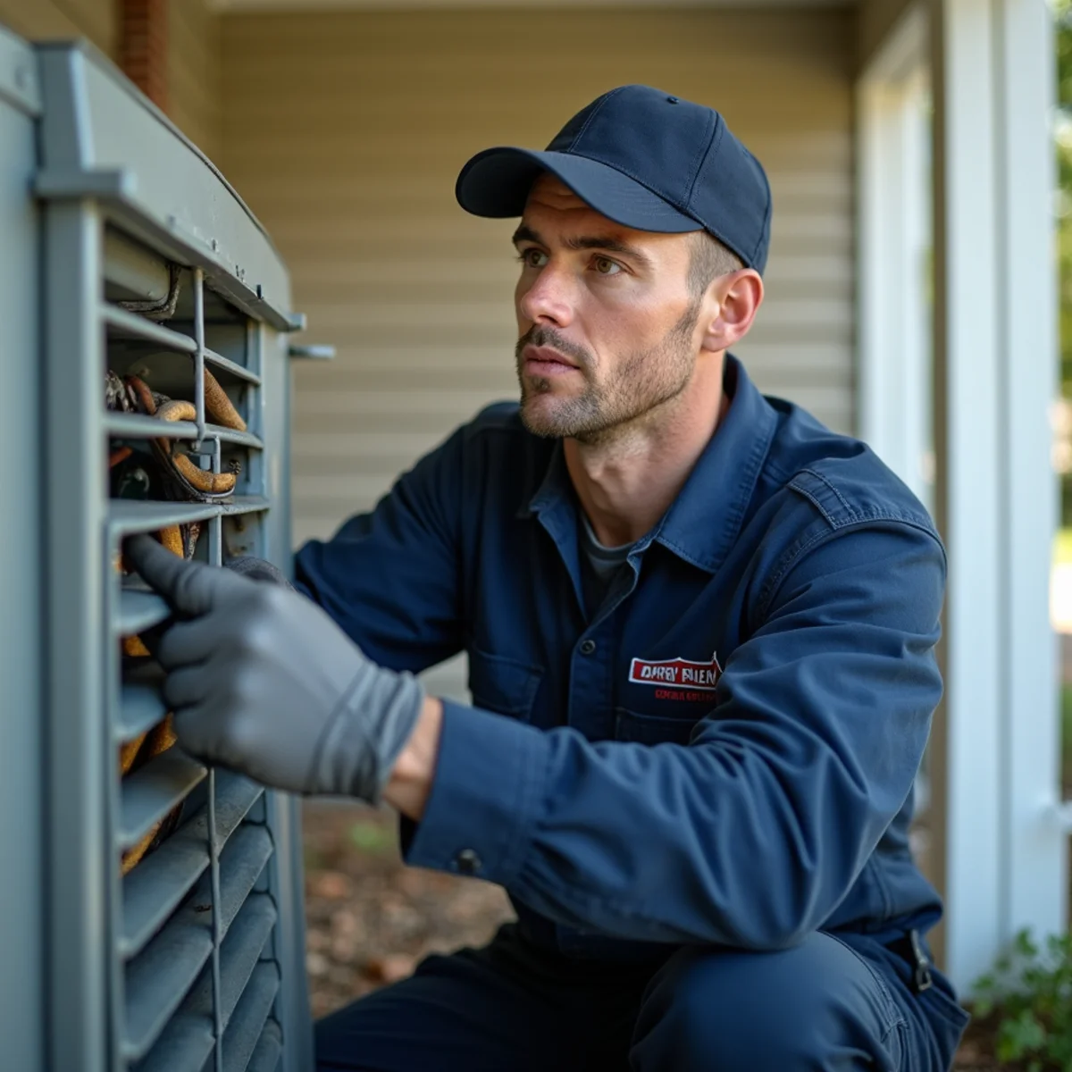 Technician making an emergency air conditioner repair during a Southwest Missouri heat wave
