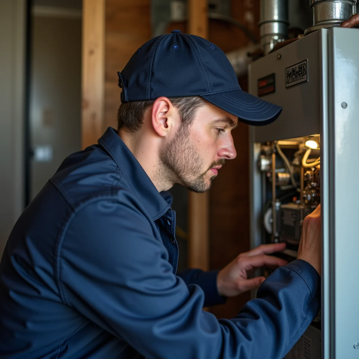 Technician inspecting a gas furnace burner during a heating repair in Goodman, MO