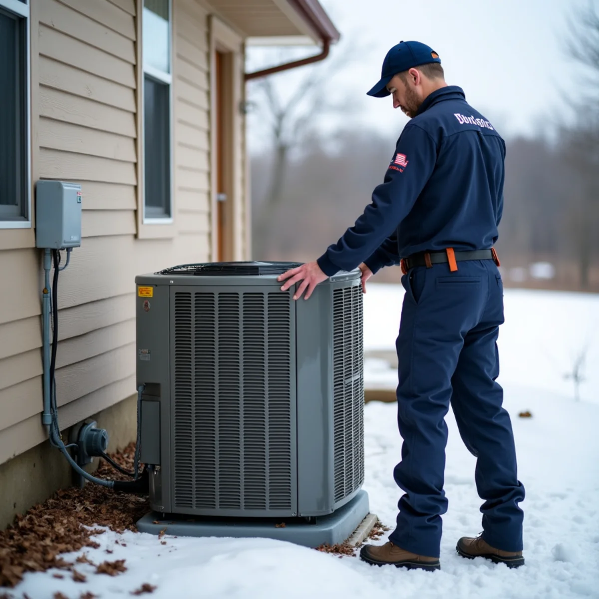 Outdoor heat pump unit serving a rural Southwest Missouri home in winter