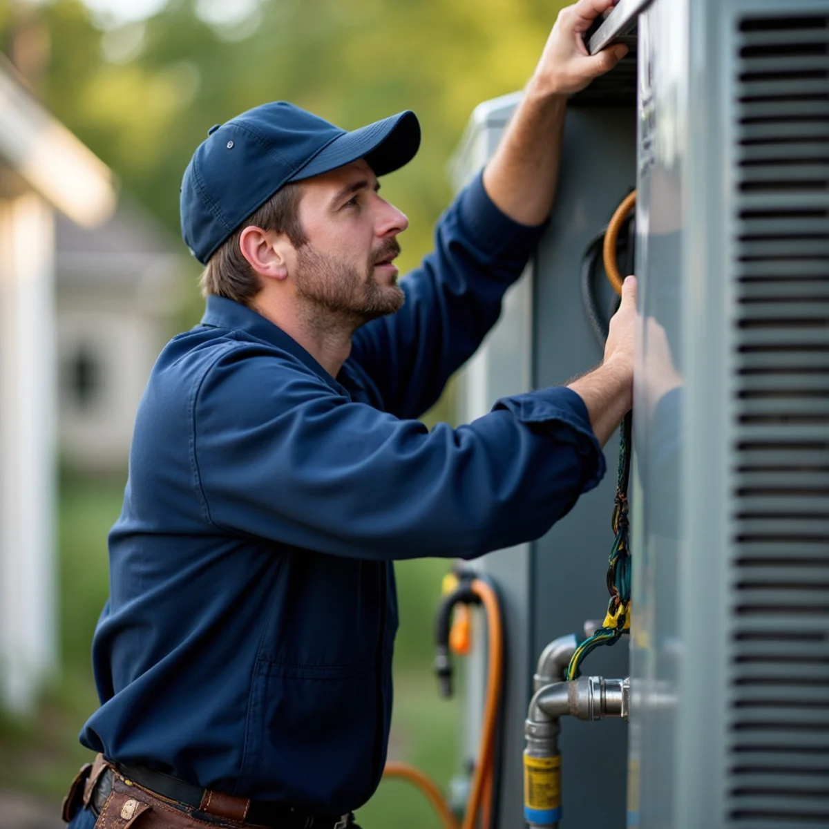 HVAC technician performing a seasonal maintenance tune-up on a home system in Goodman, MO