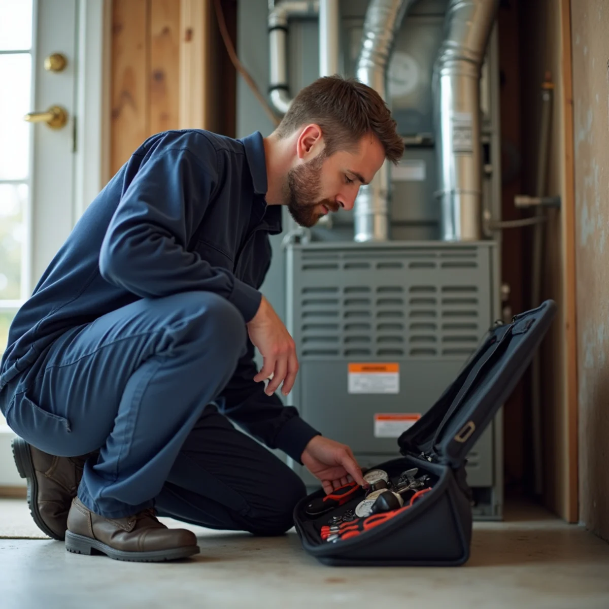 Hooten Heating & Cooling technician with tools at a Goodman, MO home